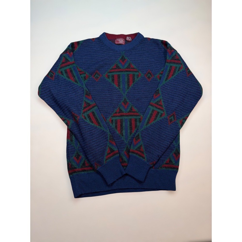 Cambridge Classics Mens‎ Vintage Geometric Diamond Knit Crewneck Sweater Blue L